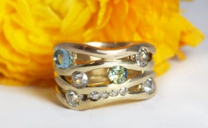 Recycled gold with diamonds, aquamarine, sapphire by Zoe Pook Jewellery
