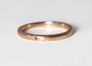 18ct Fairtrade rose gold with ruby and gumleaf engraving by Zoe Pook Jewellery