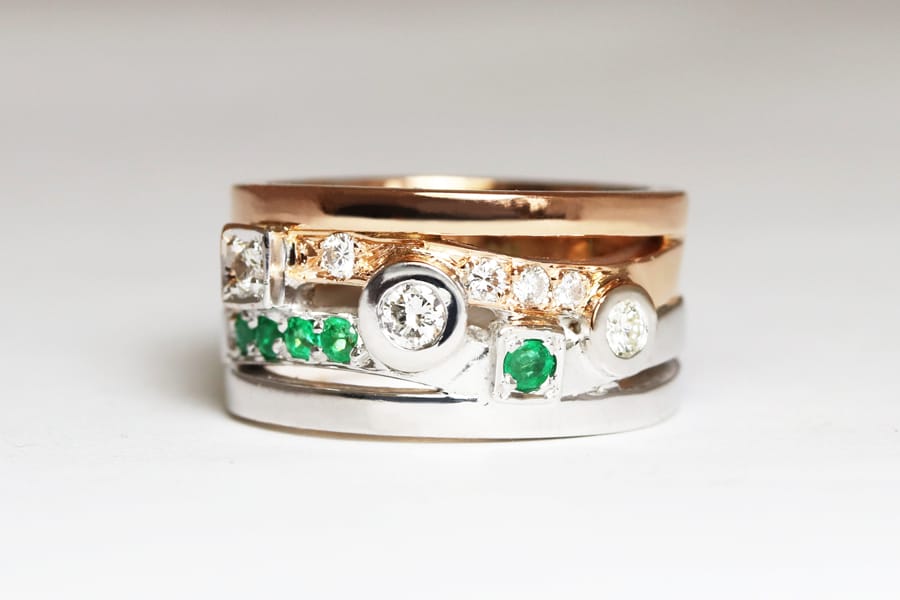 Recycled gold with vintage diamonds and emeralds