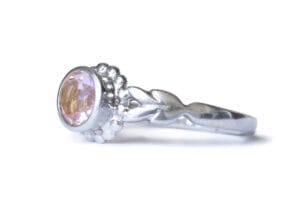 Rose quartz silver laurel ring