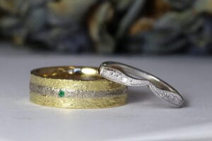 White and yellow gold wedding band set