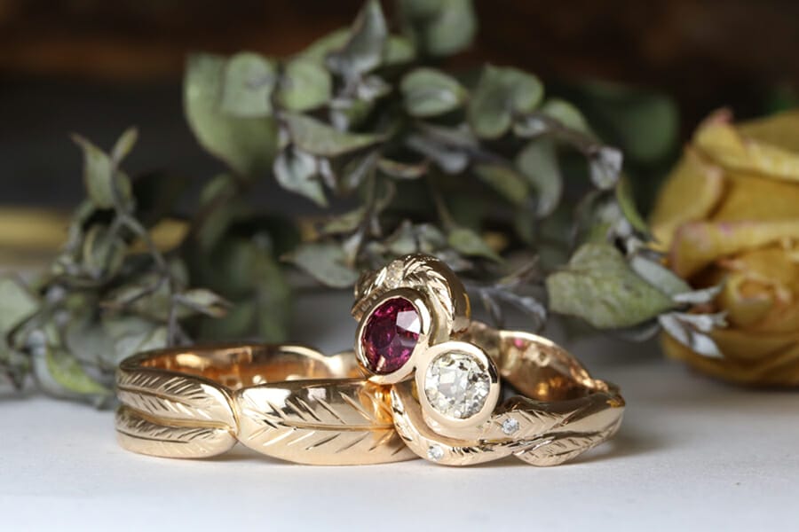 rose gold leaf ring set