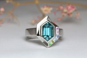 Blue zircon in white gold