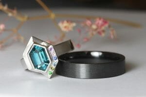 Blue zircon white gold and zirconium rings