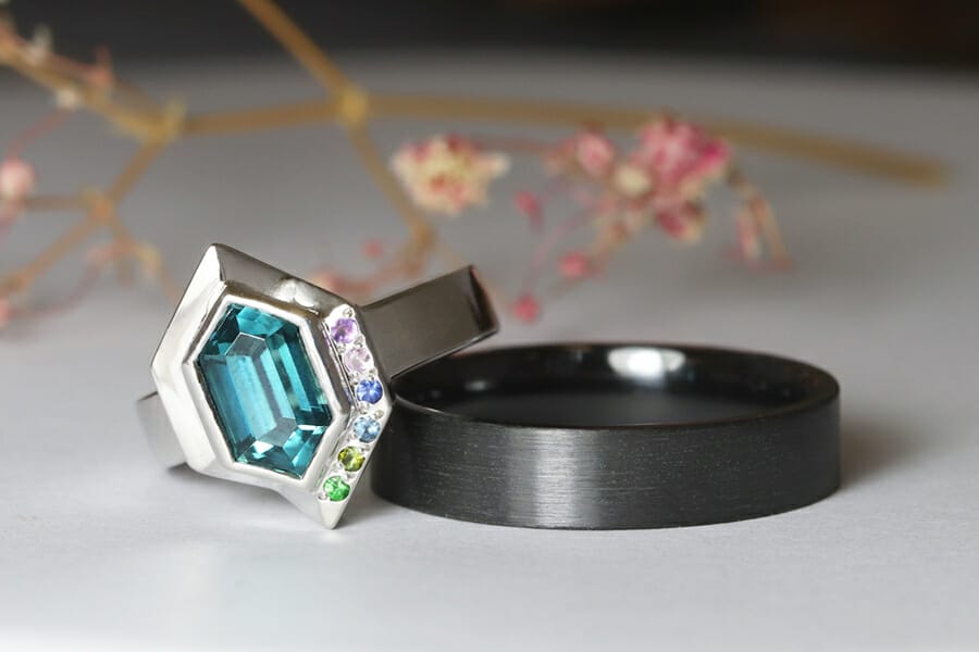 Blue zircon white gold and zirconium rings