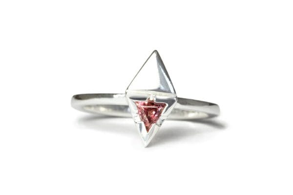 Dark pink trilliant sapphire silver ring