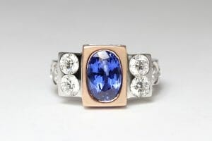 Sapphire and diamonds in platinum and rose gold