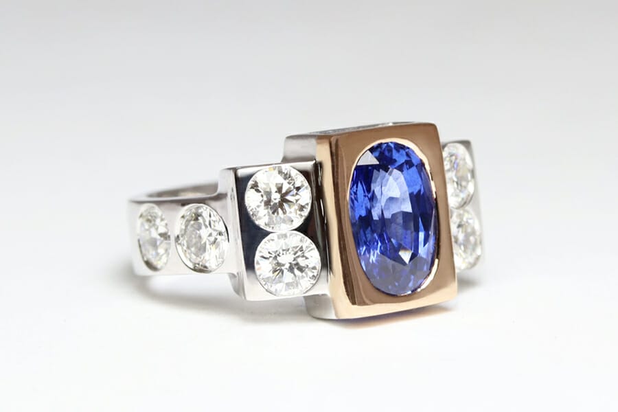 Sapphire and diamonds in platinum and rose gold