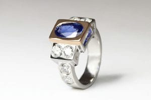 Sapphire and diamonds in platinum and rose gold