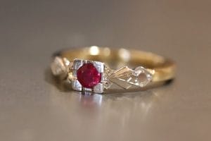 18ct yellow gold and platinum detail vintage inspired ruby and diamond engagement ring.