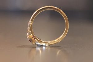 18ct yellow gold and platinum detail vintage inspired ruby and diamond engagement ring.